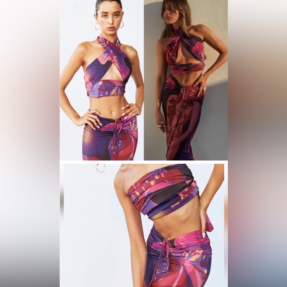 With Jean skirt and wrap top set, called the naomi set in flamboyant anthurium